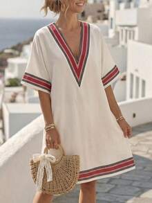 Breezaya Damen Urlaubs Gestreiftes Patchwork Kurzarm Lässiges Luftiges Kleid - Aprikosenfarben - Übersicht 4