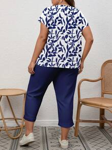 EMERY ROSE 大码女式全印花圆领上衣和裤子休闲两件套 - 寶藍色 - 查看 2