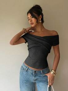 Siren Gaze Women's Casual Off-Shoulder T-Shirt, New Spring/Summer Design - Grey - View 4