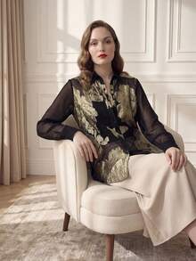 Suri Mira Women's Shiny Gold Sheer Long Sleeve Blouse, Elegant Spring/Summer, Versatile For Casual, Work, Date Night, Holidays And More - Black and Gold - View 6