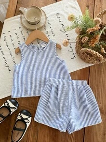 SHEIN 两件套女婴休闲日常圆领蓝色条纹后背蝴蝶结背心上衣和短裤套装，非常适合夏季女婴穿着。 - 藍色 - 查看 5