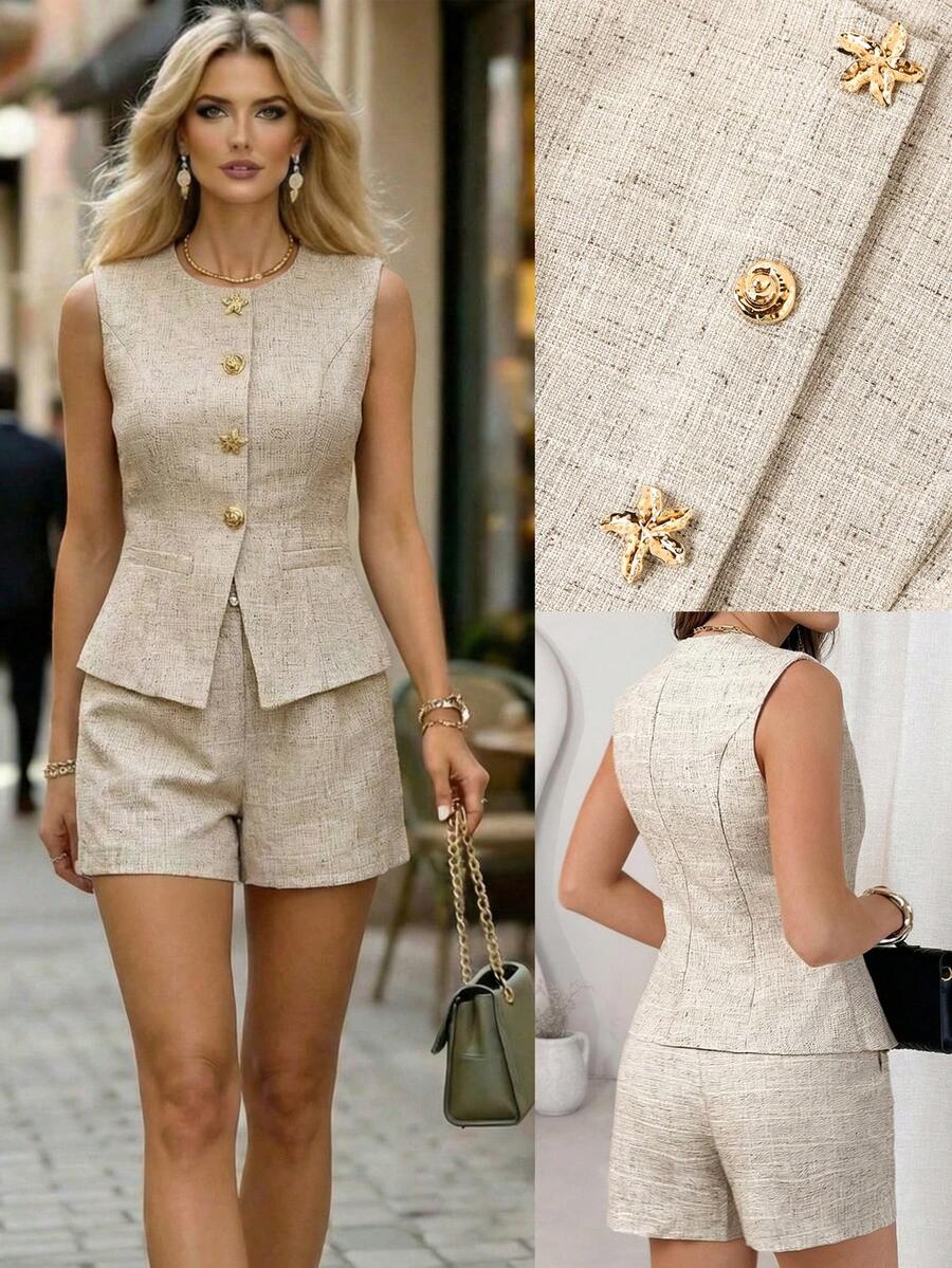 Editum 两件套女士编织金属纽扣背心和短裤套装 - 杏色 - 查看 1