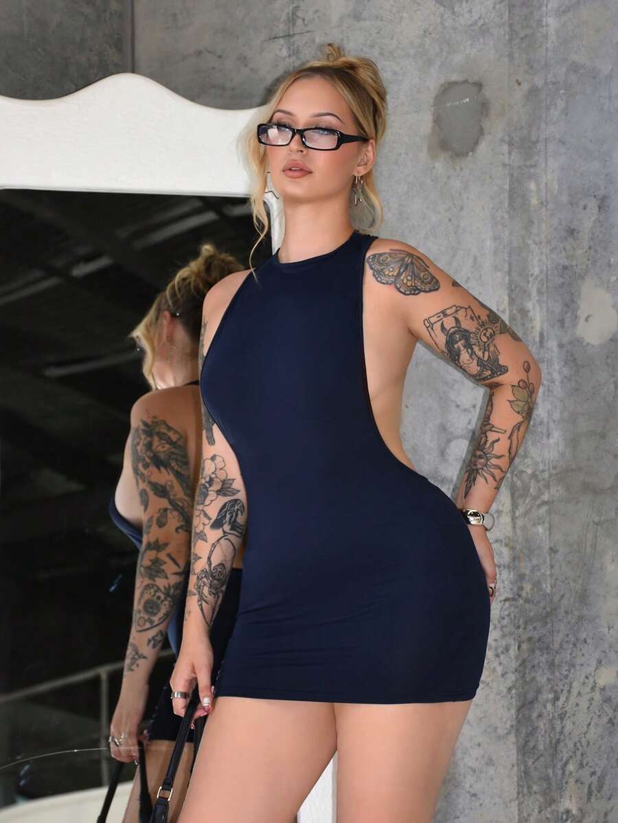 Arliah Solid Color Criss-Cross Backless Sexy Casual Mini Dress,Dresses For Women Party - Navy Blue - View 1