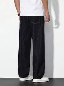 Manfinity Homme Quần jeans nam màu xanh hải quân dáng rộng, ống thẳng, phong cách thường ngày. - Rửa tối - Xem 2