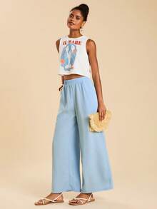 Travachic Women's Ocean Pattern Tank Top & Wide Leg Pants 2 Pieces Set,Light Blue And White Bohemian Print,Summer Casual Beach Holiday Vacation Outfits Coords - Multicolor - View 5