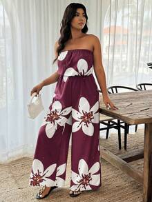 EMERY ROSE Plus Size Summer Casual Floral Print Bandeau Jumpsuit - Multicolor - View 3