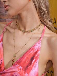 Glisma Dây chuyền bản rộng đính đá Cubic Zirconia thiết kế thanh lịch, sang trọng, kiểu dáng choker. - Vàng - Xem 7