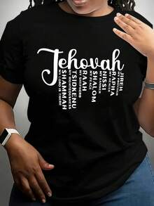 Maweii Plus Size Casual Slogan Print Round Neck Short Sleeve T-Shirt - Black - View 1