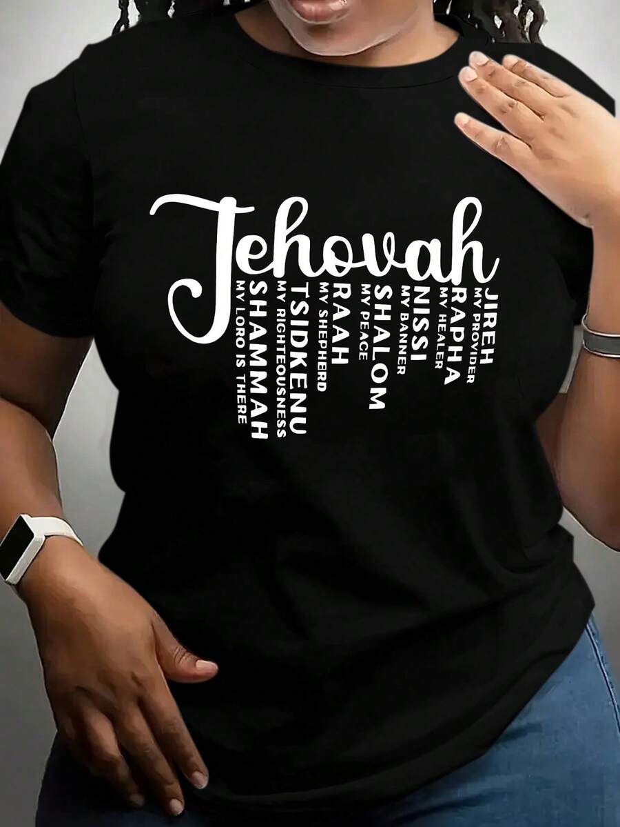 Maweii Plus Size Casual Slogan Print Round Neck Short Sleeve T-Shirt - Black - View 1
