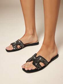 SHUZIA Women's Rhinestone Embellished Open Toe Flat Heel H-Design Rhinestone Black Slides – Chic, Comfortable & Timeless Essential For Christmas Valentine's Day - Black - View 3