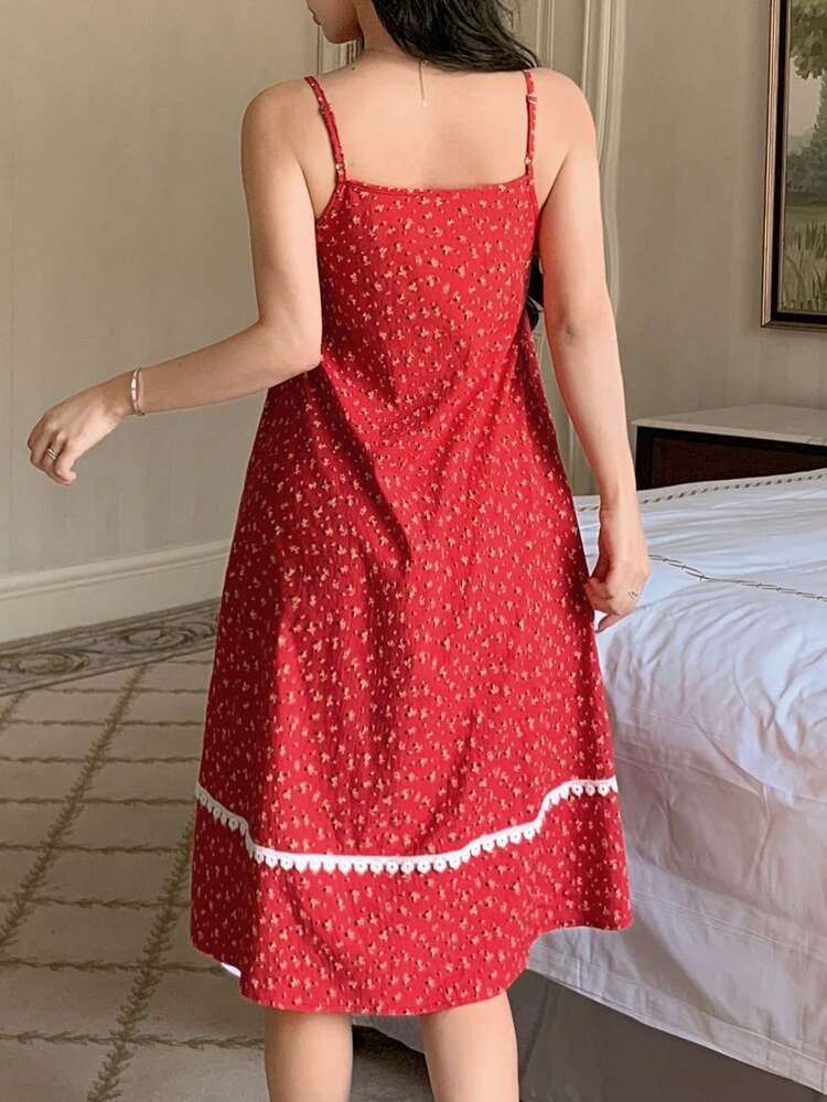 Floral Lace Patchwork Sleeveless Cinched Waist Nightgown, Women Loungewear Dress Summer
