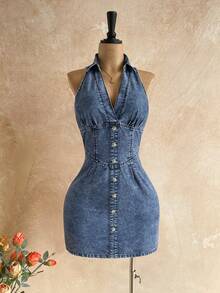 Soleia Women's Light Blue Halter V Neck Button Down Denim Bodycon Mini Dress,Seksi Chic Sleeveless Party Outfits,Autumn Vintage Night Out Streetwear - Blue - View 5
