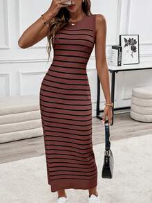 SHEIN LUNE Casual Comfortable Striped Sleeveless Dress For Women - Rust Brown - View 3