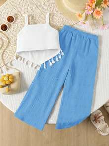 SHEIN 2pcs/Set Girls' Summer Creative 3D Embroidery Decor Camisole With Asymmetrical Hem & Casual Pants Set - Blue - View 2