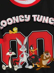 LOONEY TUNES X SHEIN 男童夏季休闲字母卡通图案撞色滚边圆领短袖T恤 - 白色 - 查看 4