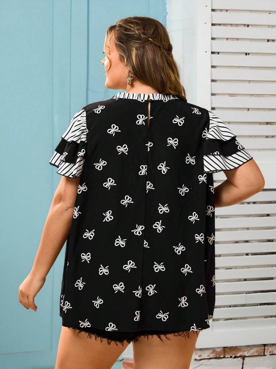 SHEIN CURVE+ Áo sơ mi nữ cỡ lớn tay áo họa tiết lá sen và nơ, kiểu áo búp bê. - Đen và trắng - Xem 1