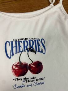 Glimmora 女士休闲百搭标语樱桃印花吊带衫 - 白色 - 查看 3