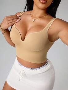 SHEIN Rhythm Era Plus Size Women Solid Ribbed Casual Fitness Sports Bra Beige Top Summer Outfits Curve Sporty Look Ribbed Crop Top - Apricot - View 7