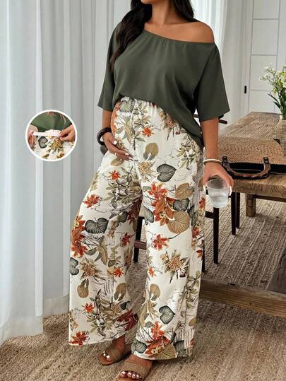 SHEIN Maternity Vacation Solid Color Off-Shoulder Shirt And Tropical Plant Pattern Pants Casual 2-Piece Set Summer Pants Sets For Women Vacation Pants Set Two Piece Set Women Spring Co Ords Sets Women Summer Pallazo Pants Women Set