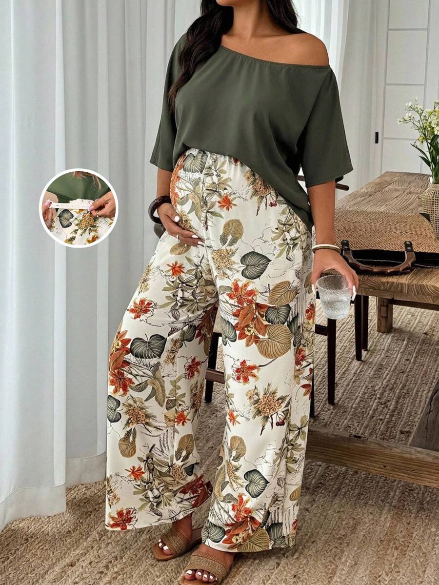 SHEIN 孕妇度假纯色露肩上衣和热带植物图案长裤休闲两件套 - 彩色 - 查看 1