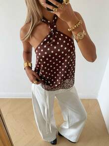 SHEIN EZwear 棕色波点缎面露背吊带女式上衣 - 咖啡棕 - 查看 5