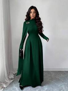 Rafferiza Váy chữ A cổ cao tay dài chất liệu voan chắp vá thanh lịch, đính trâm cài kim loại, thích hợp cho tiệc tốt nghiệp, sự kiện ngày lễ, hẹn hò, đám cưới, mùa thu/đông - màu xanh lá - Xem 6