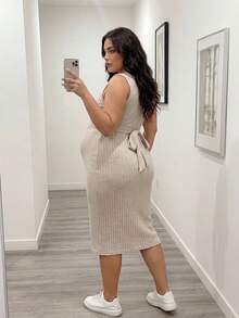 Plussiva Đầm ôm dáng không tay, xẻ tà bên hông, màu trơn, dành cho phụ nữ mang thai cỡ lớn, thích hợp cho mùa hè. - Màu be - Xem 3