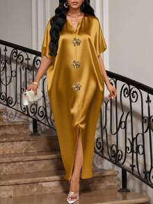 SHEIN Lady 四季皆宜的节日礼服/婚礼宾客/礼服/舞会礼服/金色/晚宴礼服/金色女士缎面提花前开衩连衣裙，休闲派对优雅 - 黃色 - 查看 4