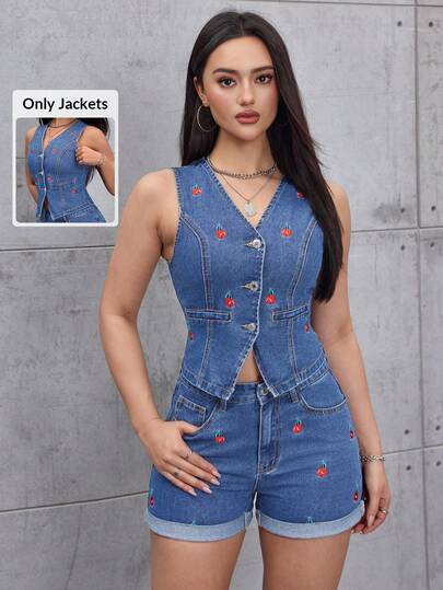 SHEIN ICON Chaleco vaquero de lavado claro con bordado de cereza, versátil y casual, sin estiramiento para mujer