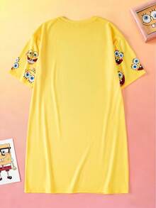 SpongeBob SquarePants | SHEIN 女士休闲卡通印花圆领睡裙，适合日常穿着 - 黃色 - 查看 2