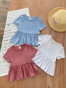 SHEIN LMoss Kids LMoss 女婴三件套休闲简约夏季纯色针织荷叶边短袖上衣 - 彩色 - 查看 2