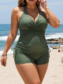 Swim Lushoire Women's Plus Size One-Piece Swimwear Halter V-Neck Tummy Control Ruched Bathing Suits,Olive Green Comfy Summer Beach Holiday Shorts Bottom Swimsuit - Army Green - View 5