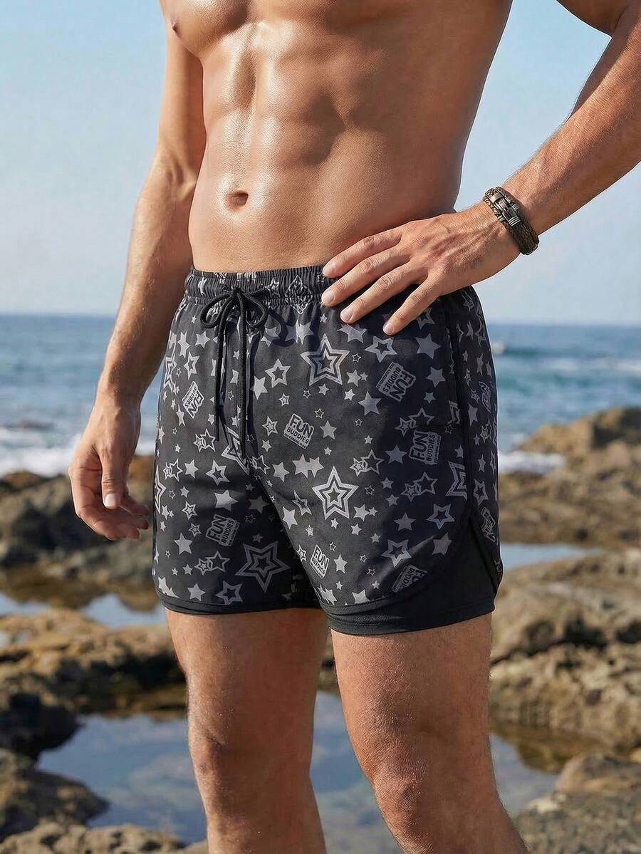 Manfinity KASUA Quần short đi biển dáng rộng dành cho nam, kiểu dáng mùa hè, in hình ngôi sao khắp quần, có dây rút ở eo. - màu đen - Xem 1