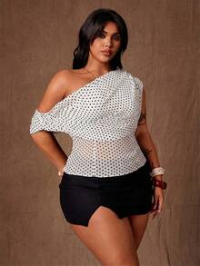 Rustia Blus Ruffle Bahu Asimetris Motif Polkadot Elegan Ukuran Plus, Musim Semi/Panas - Hitam dan Putih - View 3