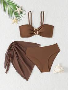 SHEIN Teen Girls' Swimsuit Black Bikini Three Pieces Beachwear - Khaki - View 1