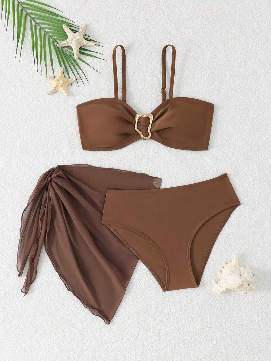 SHEIN Teen Girls' Swimsuit Black Bikini Three Pieces Beachwear - Khaki - View 1