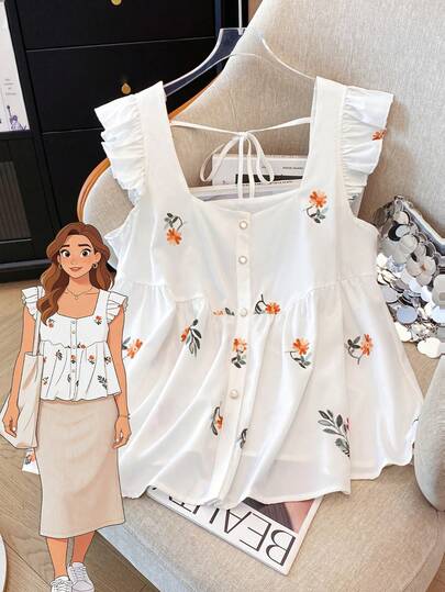 GlowEve CURVE 女式加大码盖袖印花雪纺衬衫，休闲前开襟度假衬衫，百搭春夏季