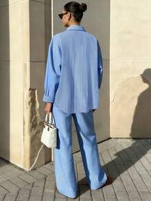 INAWLY 2件套女士休闲条纹纽扣长袖衬衫和裤子套装 - 藍色 - 查看 2