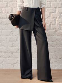 Anewsta 2pcs Women's Asymmetrical Layered High Waist Flared Leg Casual/Office Commute Pants Set - Dark Grey - View 9