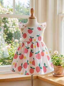 SHEIN Playful Pals 1件女婴舒适休闲常规厚度可爱水果印花方领荷叶袖基本款撞色可爱3D蝴蝶百搭简约优雅连衣裙，适合夏季郊游、上学、旅行、度假和日常穿着 - 彩色 - 查看 3