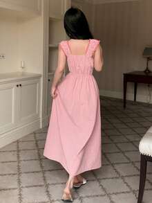 DAZY Sweet Plaid Contrast Color Ruffle Bow Decor Waist Cinched Long Dress, Women Summer Sleepwear - Pink - View 2