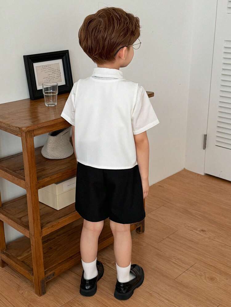3pcs/Set Young Boy Single-Breasted Short Sleeve Top, Vest Top And Shorts Casual Daily Wear, Performance And Party Outfit