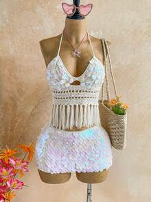 Soleia Top tricoté à encolure bateaux avec perles et franges, convient pour les vacances, les rendez-vous, le thé de l'après-midi, la plage, les croisières, les voyages en ville, la saison des mariages, les festivals de musique, les vacances bohèmes - Multicolore - Voir 4