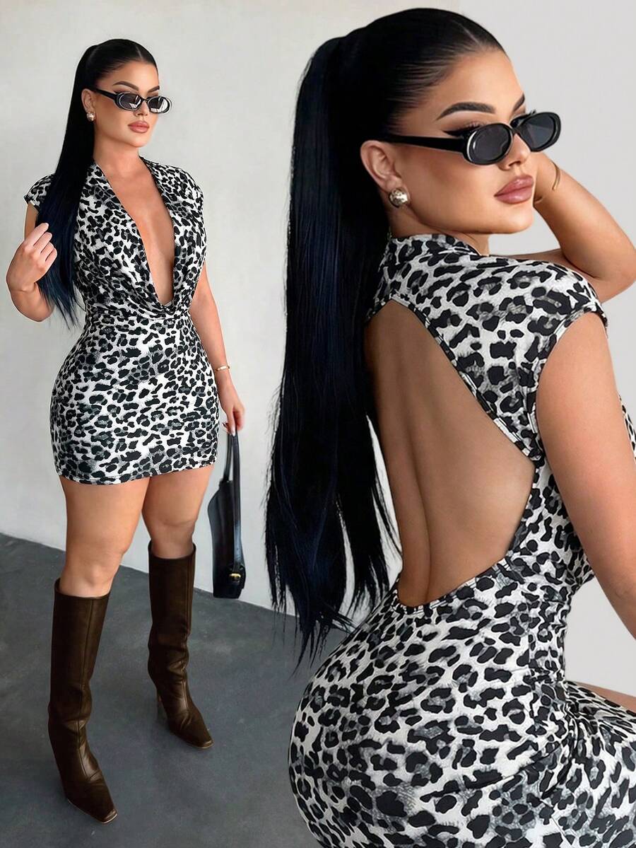 SHEIN SXY 性感豹纹优雅露背连衣裙 - 黑色 - 查看 1