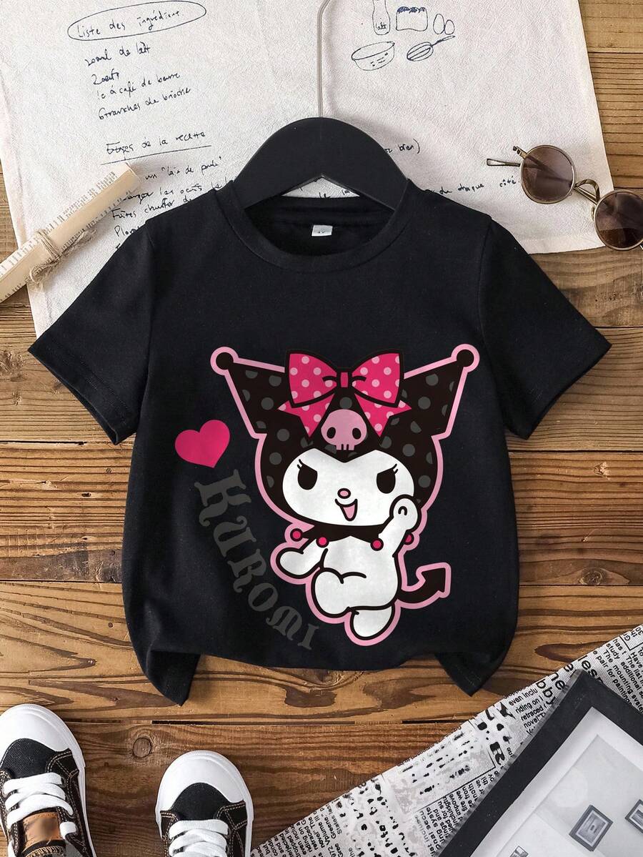 HELLO KITTY AND FRIENDS | SHEIN 女童圆领卡通字母印花休闲百搭日常短袖T恤 - 白色 - 查看 1