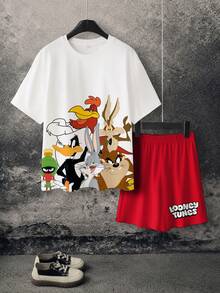 LOONEY TUNES X SHEIN 男童休闲卡通印花T恤短裤套装，夏季 - 白色 - 查看 1