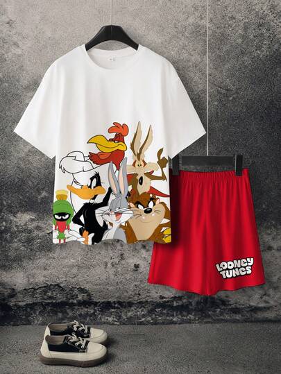 LOONEY TUNES X SHEIN 男童休闲卡通印花T恤短裤套装，夏季