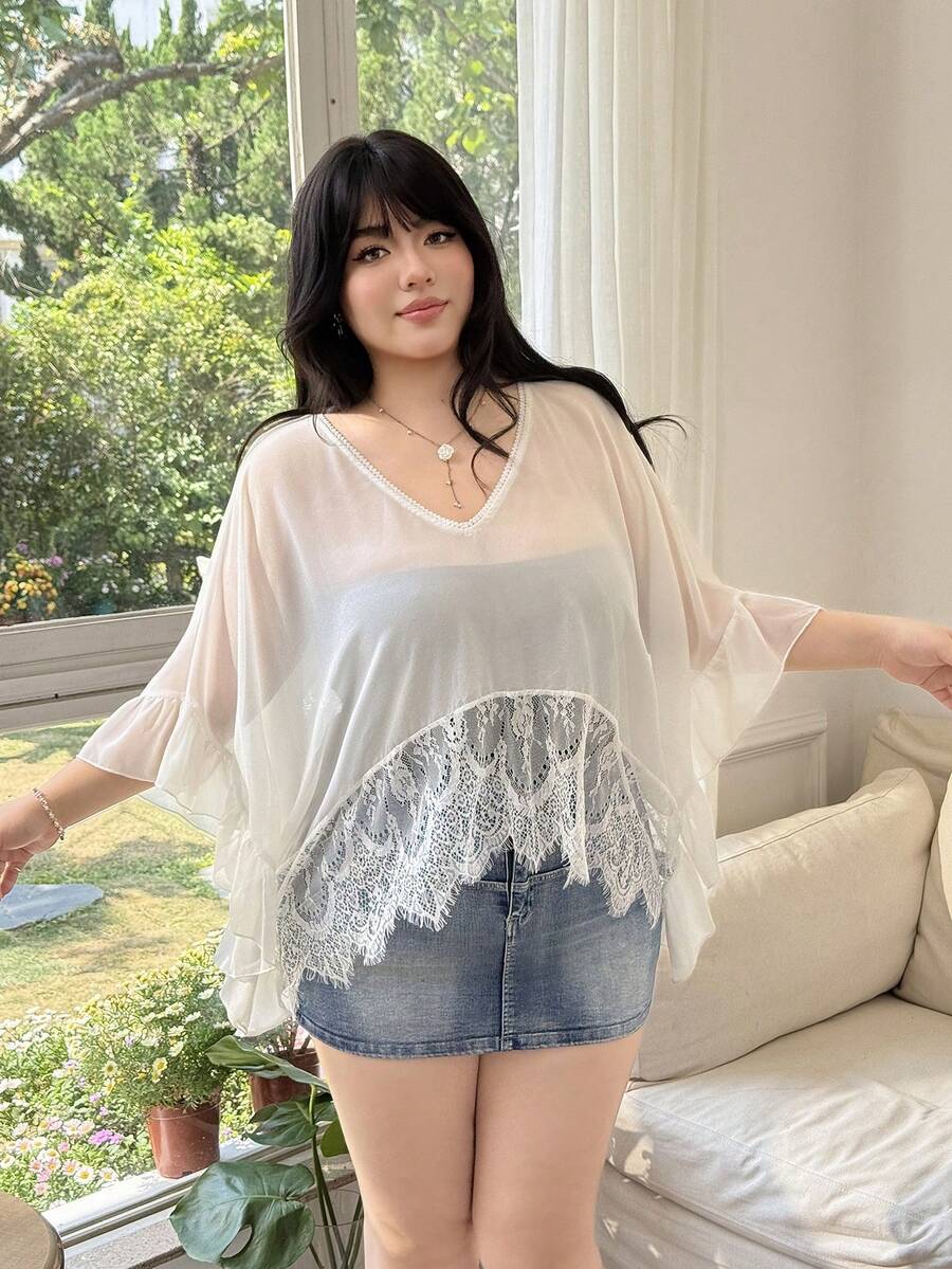 CovetEZ 大码夏季沙滩蕾丝宽松罩衫女款 - 米色 - 查看 1