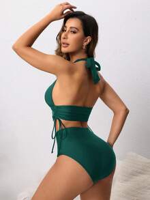 Swim Lushoire Bộ bikini hai mảnh có dây rút điều chỉnh được dành cho nữ, thích hợp cho kỳ nghỉ hè ở bãi biển. - Màu xanh lá cây đậm - Xem 2