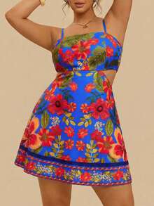 Travachic Plus Size Women's Blue Boho Summer Vacation Holiday Spaghetti Strap Hollow Tropical Floral Print Cropped Elegant Dress,Suitable For Beach Holiday - Multicolor - View 12